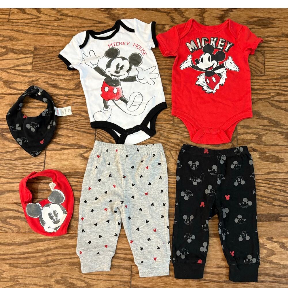 Unisex Baby 0-6mos 6 pc Mickey Mouse red and black bodysuit and sweatpants set